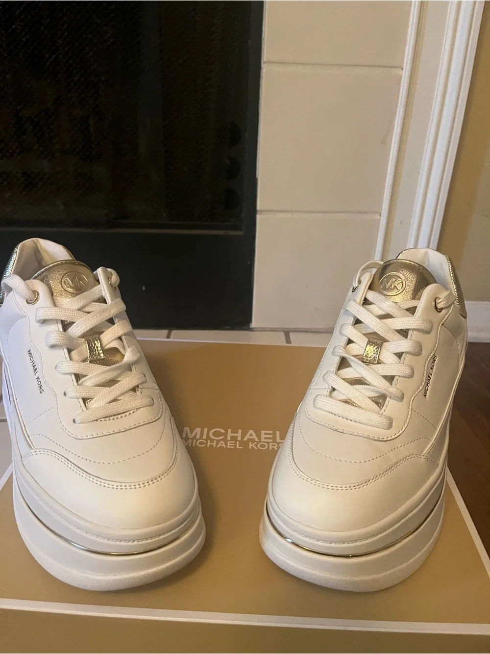 Michael Kors White Platform Lace-Up Sneakers with Gold Accent